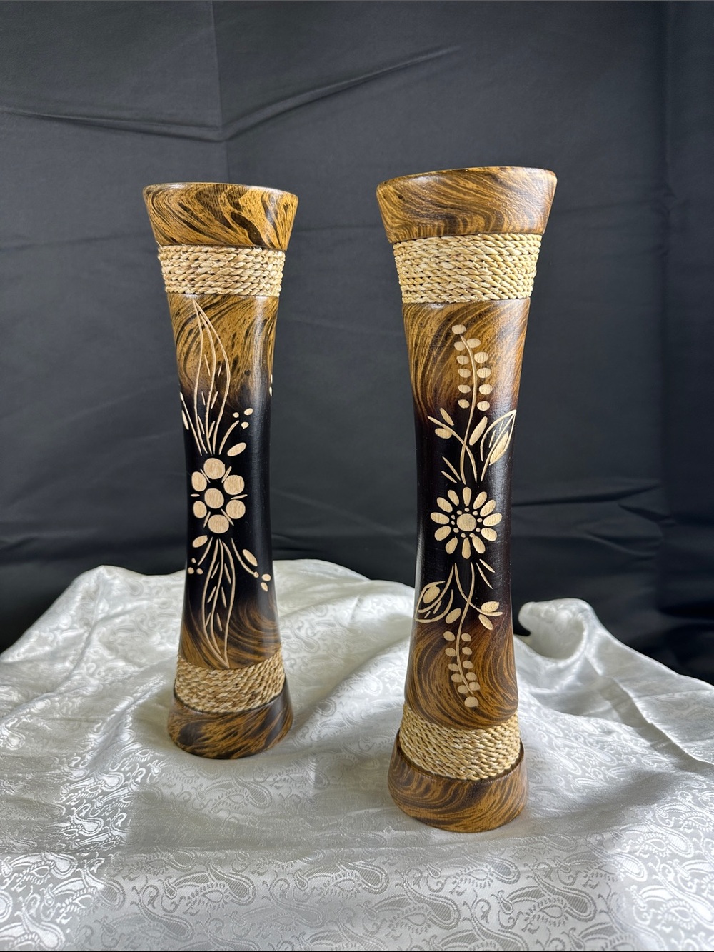 Handcrafted Floral Carved Wooden Vase Pair in Brown and Black